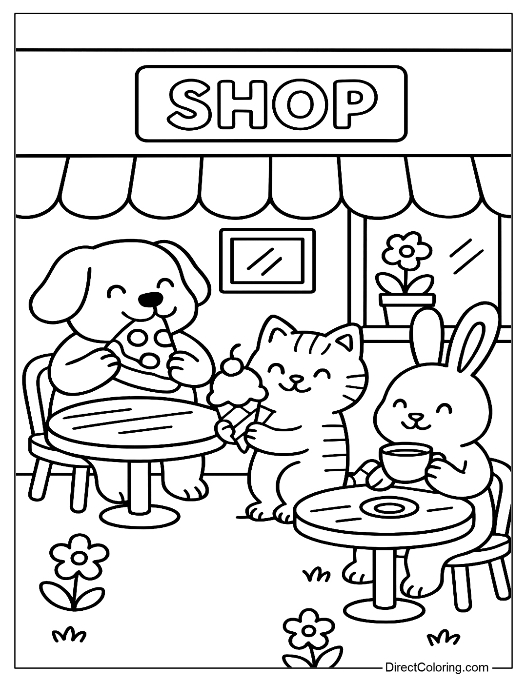 A dog eating pizza, a cat eating ice cream, and a rabbit drinking tea in a small shop Coloring Page